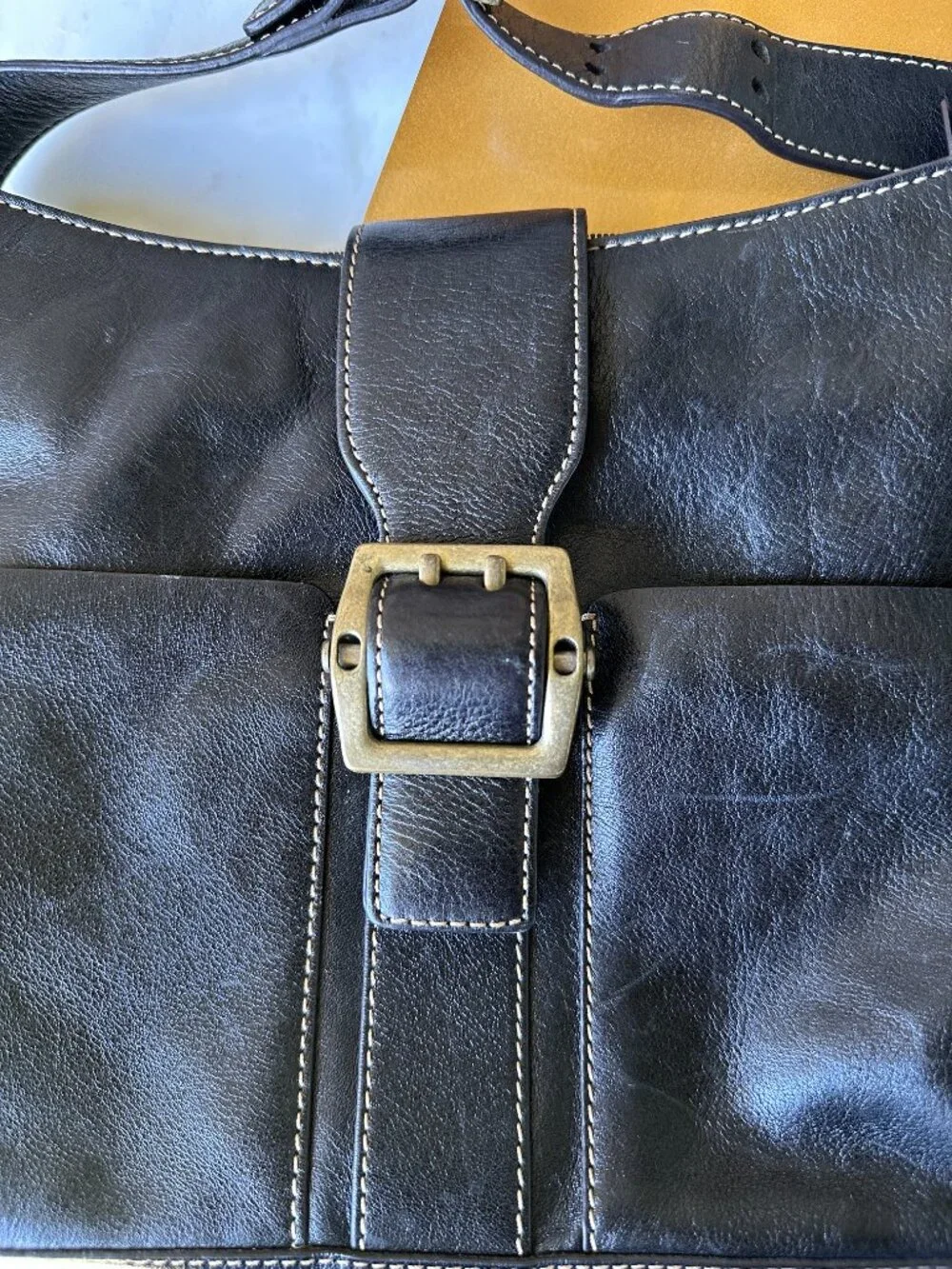 Jones New York Vintage Black Leather Shoulder Crossbody Adjustable Brass Buckle